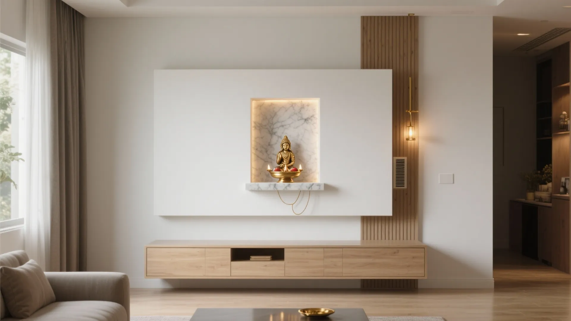 Wall-mounted niche mandir above a console with quartz ledge and warm LED halo.