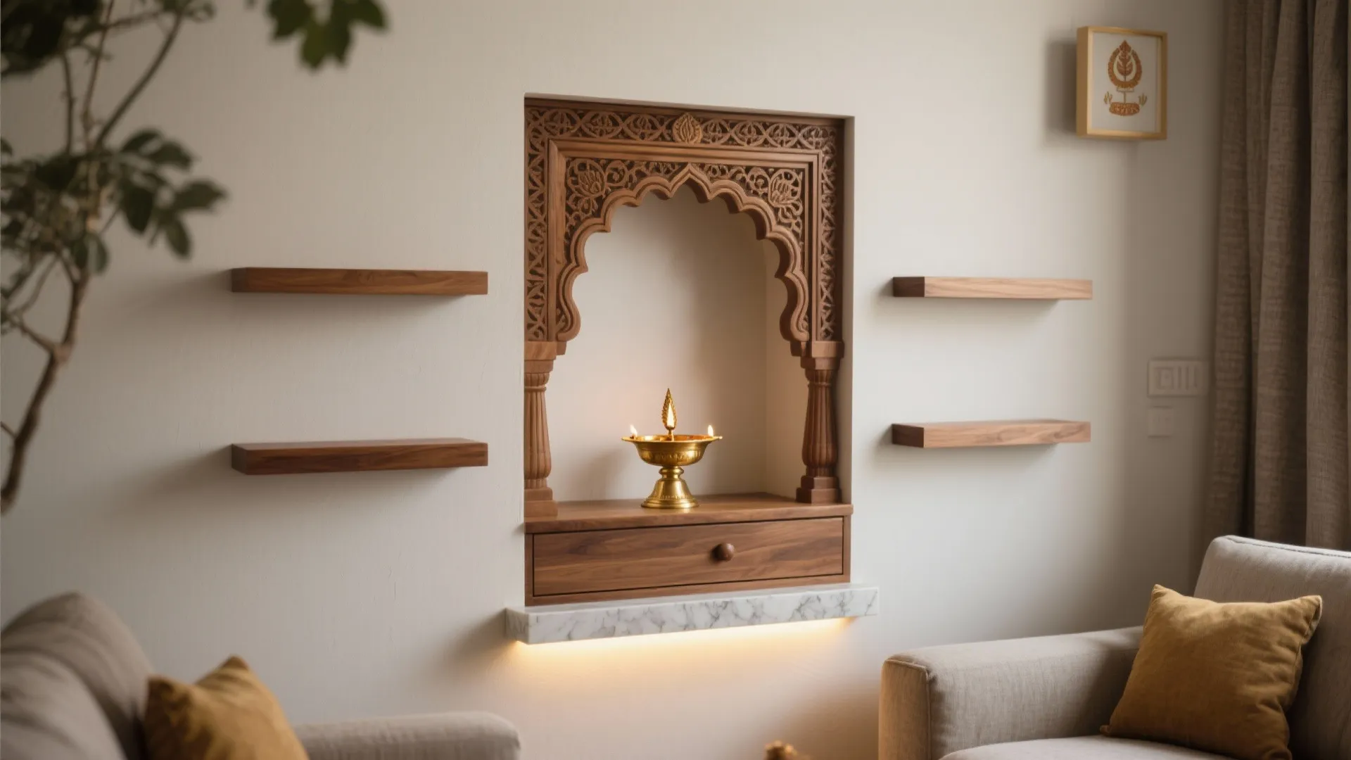 Wall-Niche Mandir with Floating Shelves