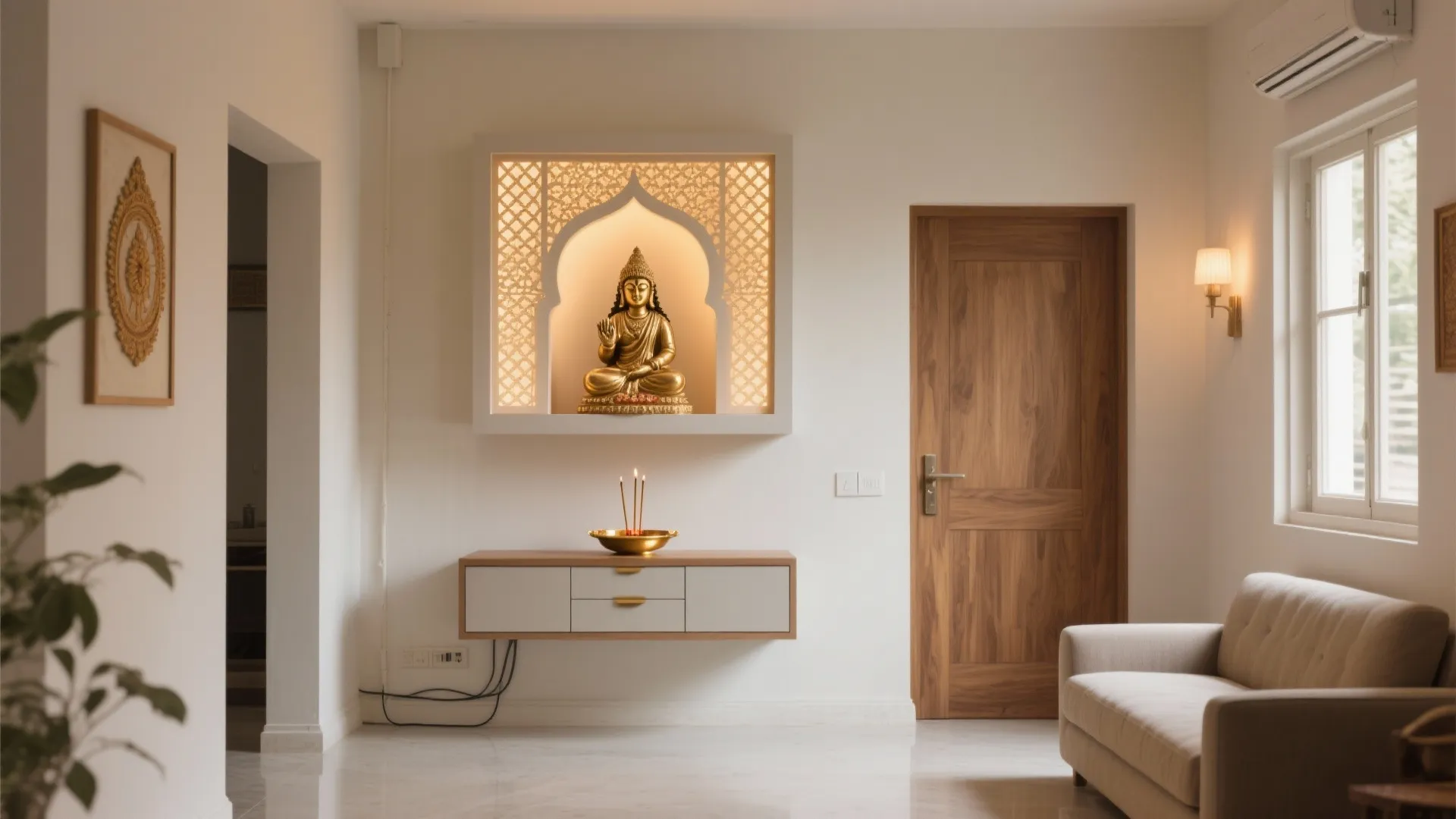 Floating wall-mounted niche mandir with warm backlit jali and hidden drawer in a small hall.