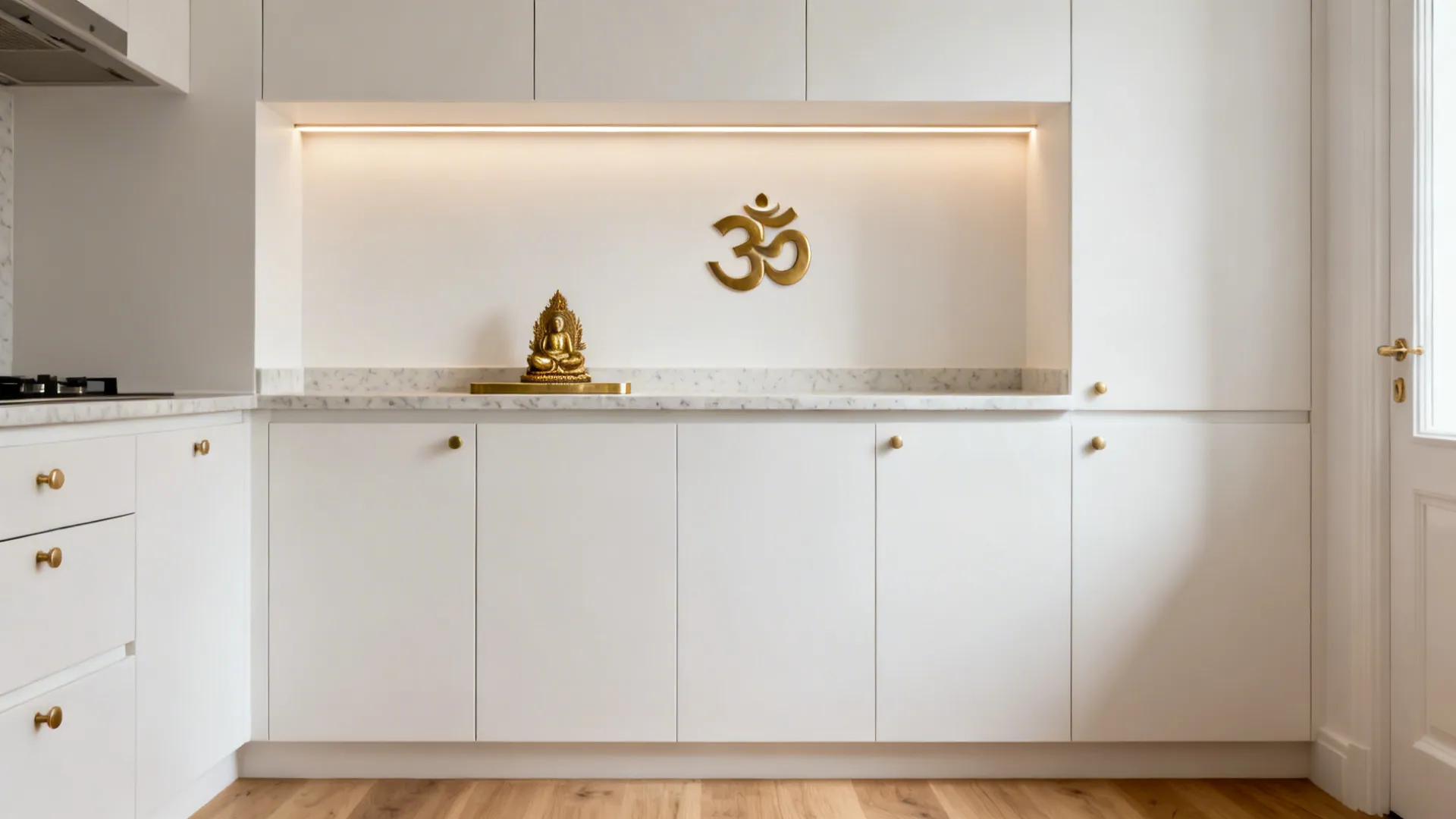 Minimalist wall niche mandir with warm white palette and brass aum in a compact kitchen.