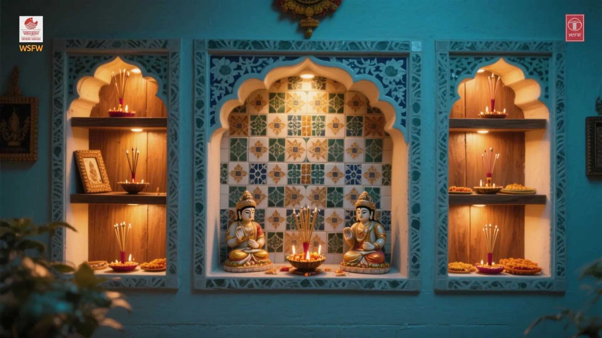 Wall niche pooja shelves with mosaic tile backdrop and ambient lighting