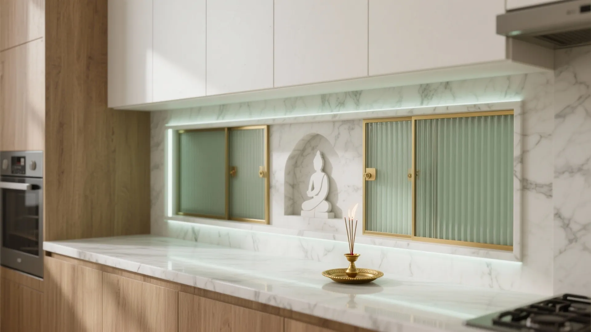 1) A Wall-Mounted Pooja Niche with Sliding (or Fluted Glass) Shutters