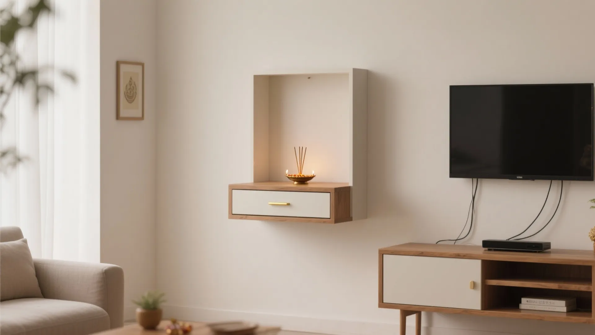 Wall-mounted minimal pooja niche with floating shelf and brass trim in a small living room.