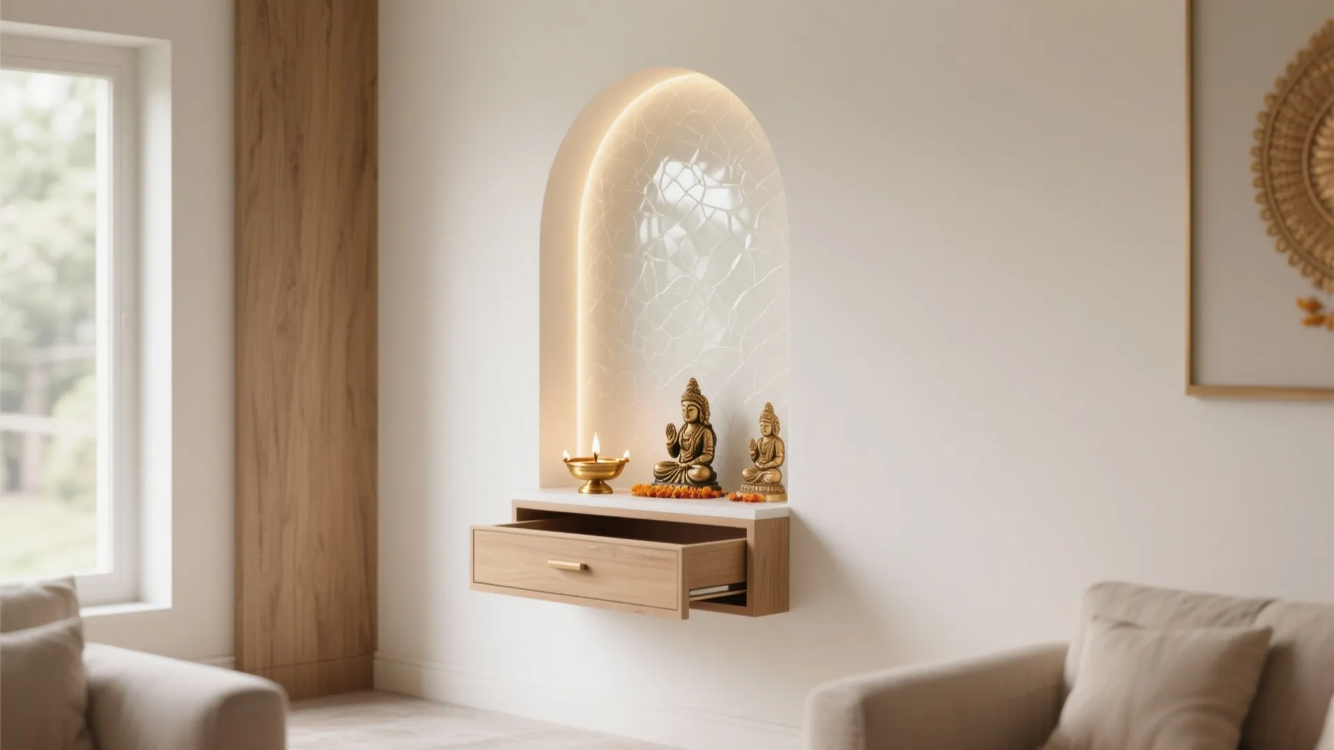 Modern wall niche with gold statues and a small wooden drawer in a bright room