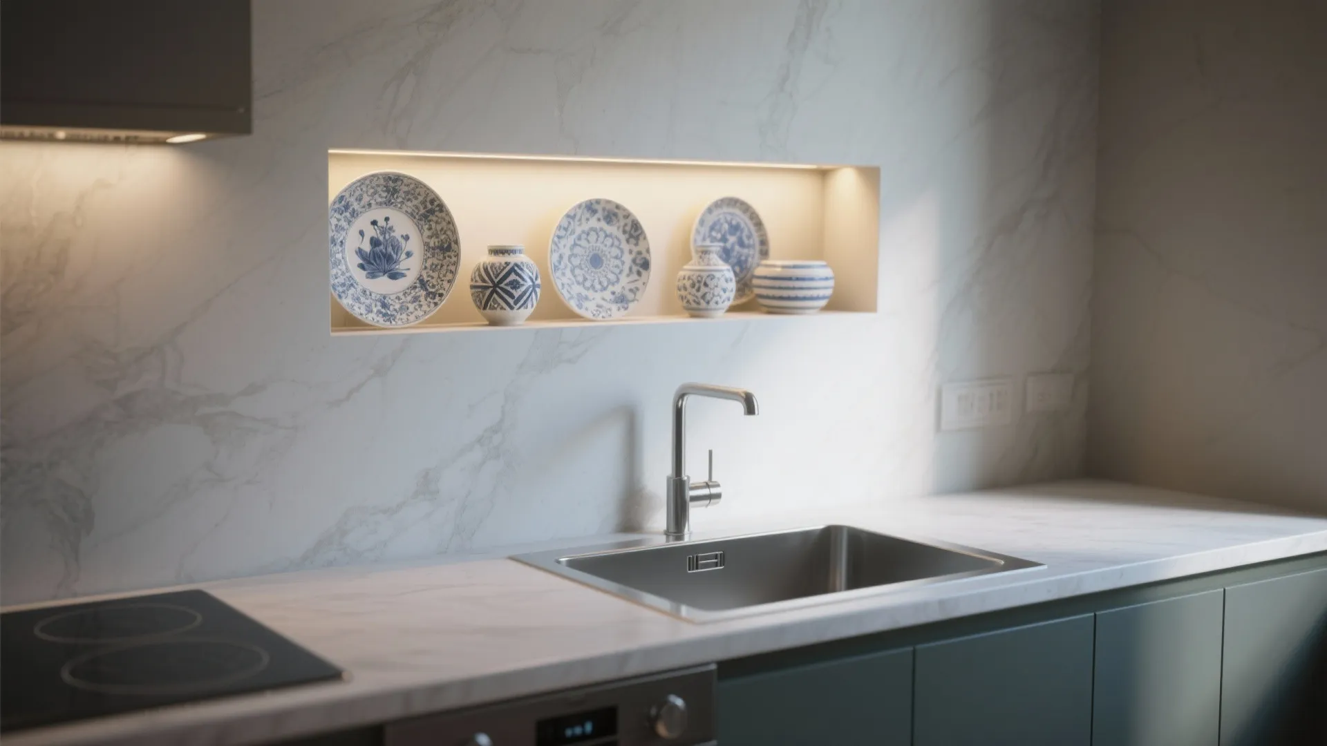 Kitchen counter with stainless steel sink and a wall shelf displaying decorative blue ceramic plates