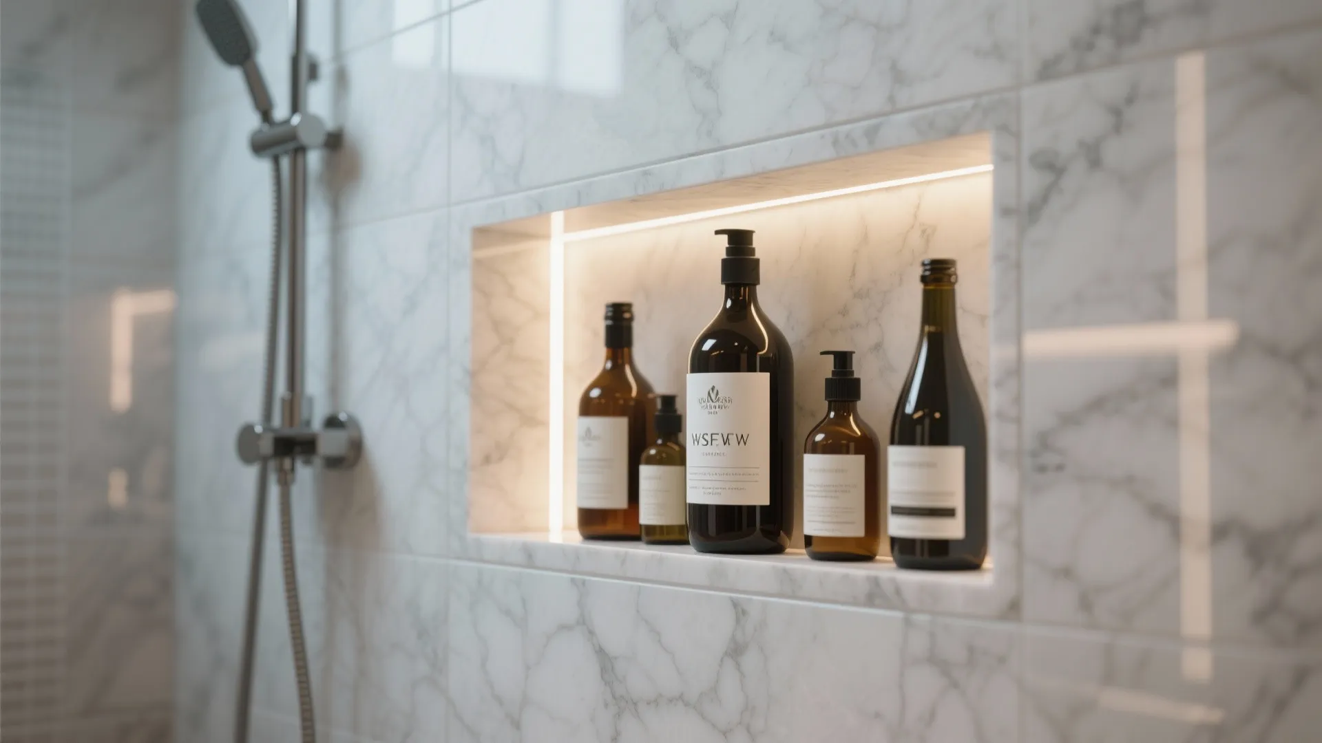 Marble shower wall with lit niche holding brown glass soap bottles and integrated shower head