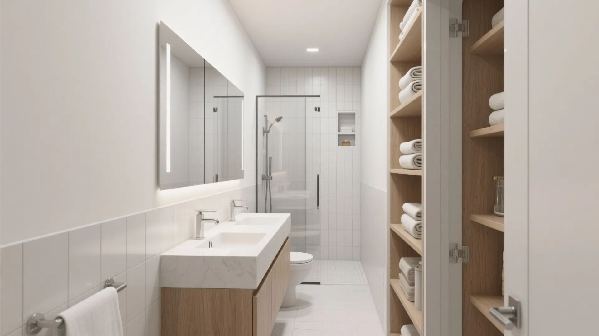 Narrow modern bathroom with double sink vanity, large mirror, glass shower, and open wooden shelves
