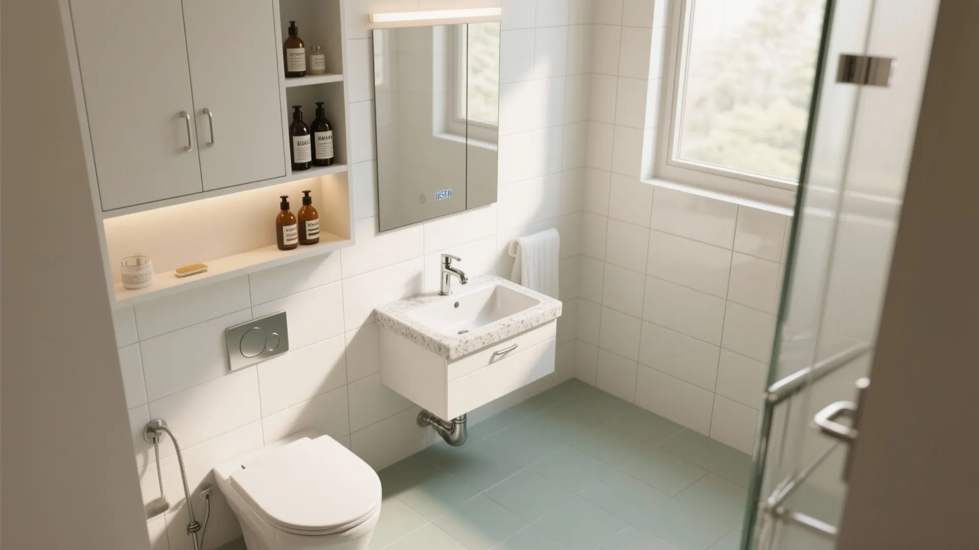 Small bathroom with a recessed wall niche, mirrored cabinet, and a compact corner sink freeing floor space.