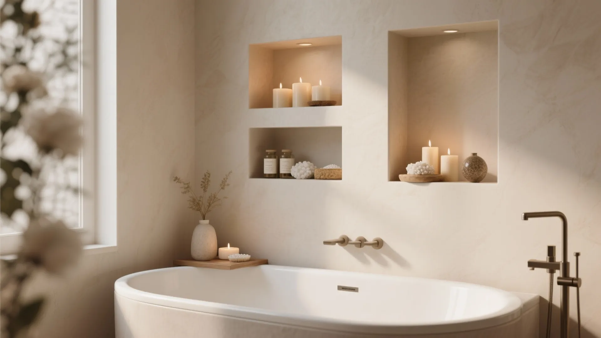 Modern bathroom with white bathtub and wall niches holding candles and small glass storage bottles