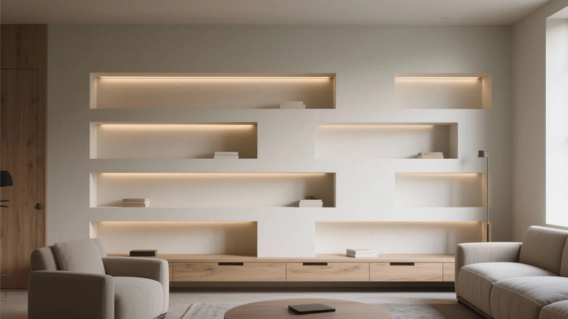 Modern living room wall with lighted shelves holding books above a long wooden floor cabinet