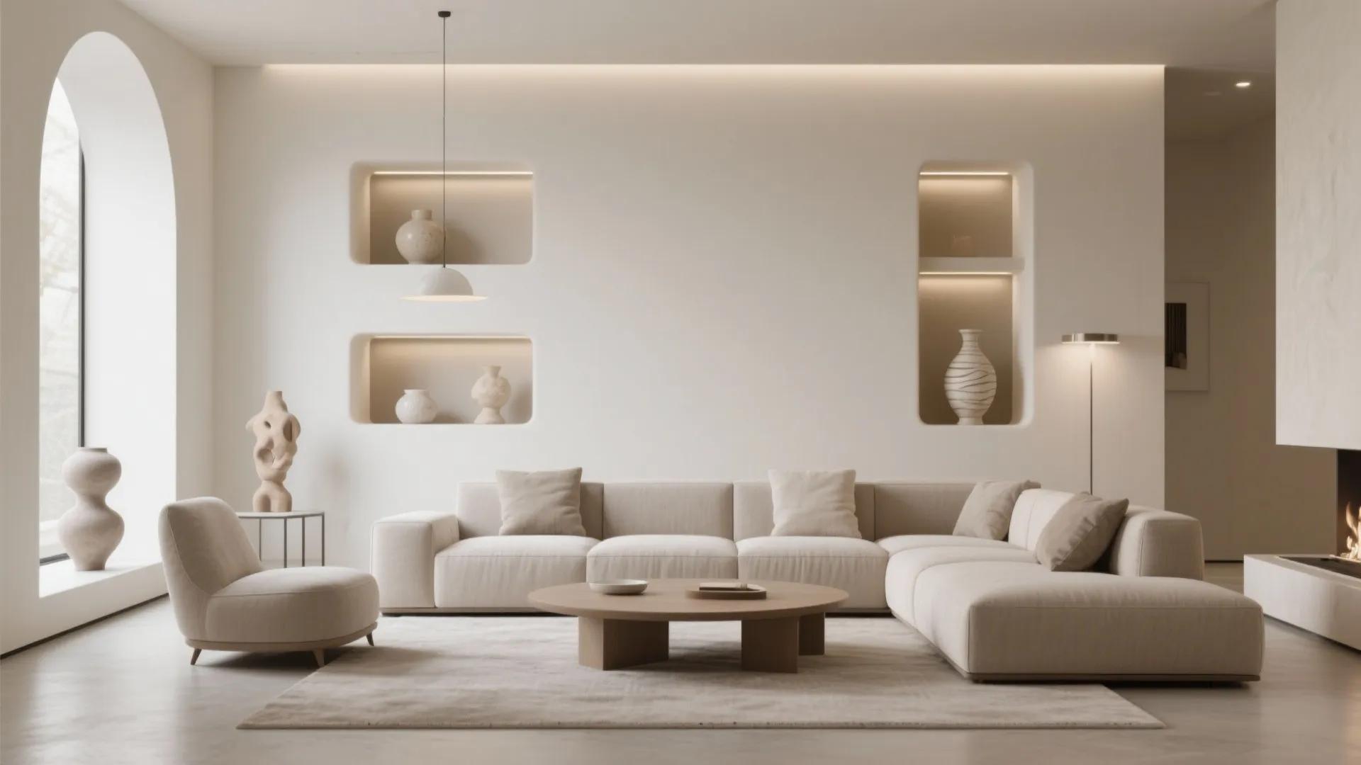 Architectural wall niches with lit ceramic sculptures