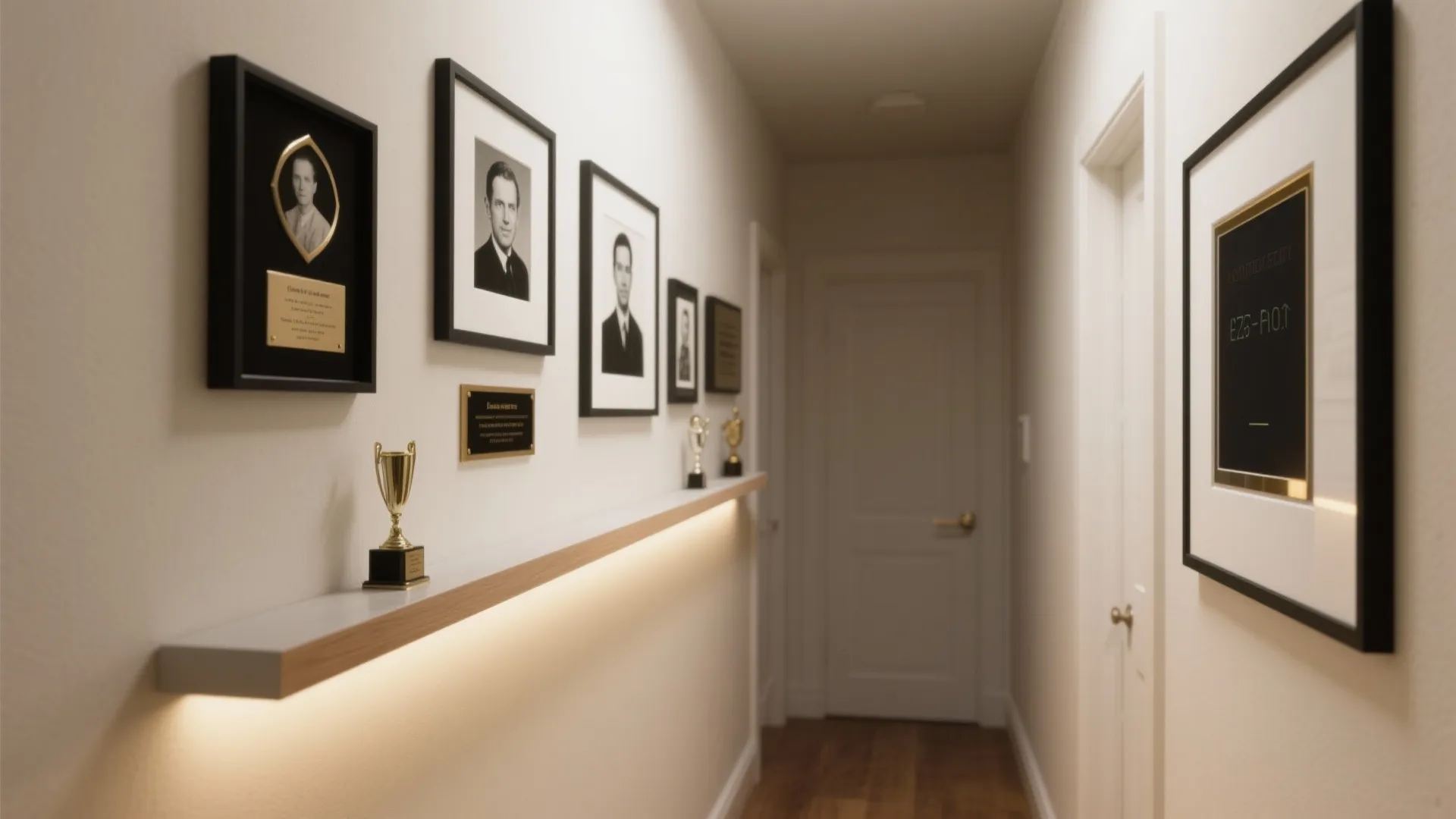 Narrow hallway with wall mounted shelf holding gold trophies and several black framed portrait photos