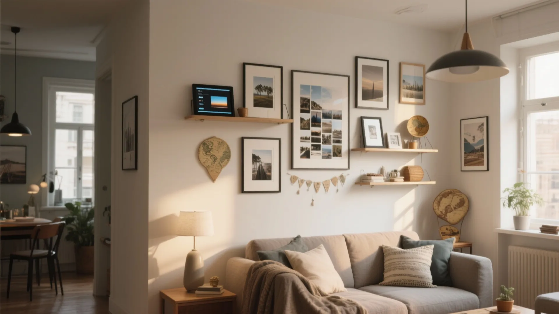 Cozy living room with grey sofa and picture frames displayed on a white gallery wall