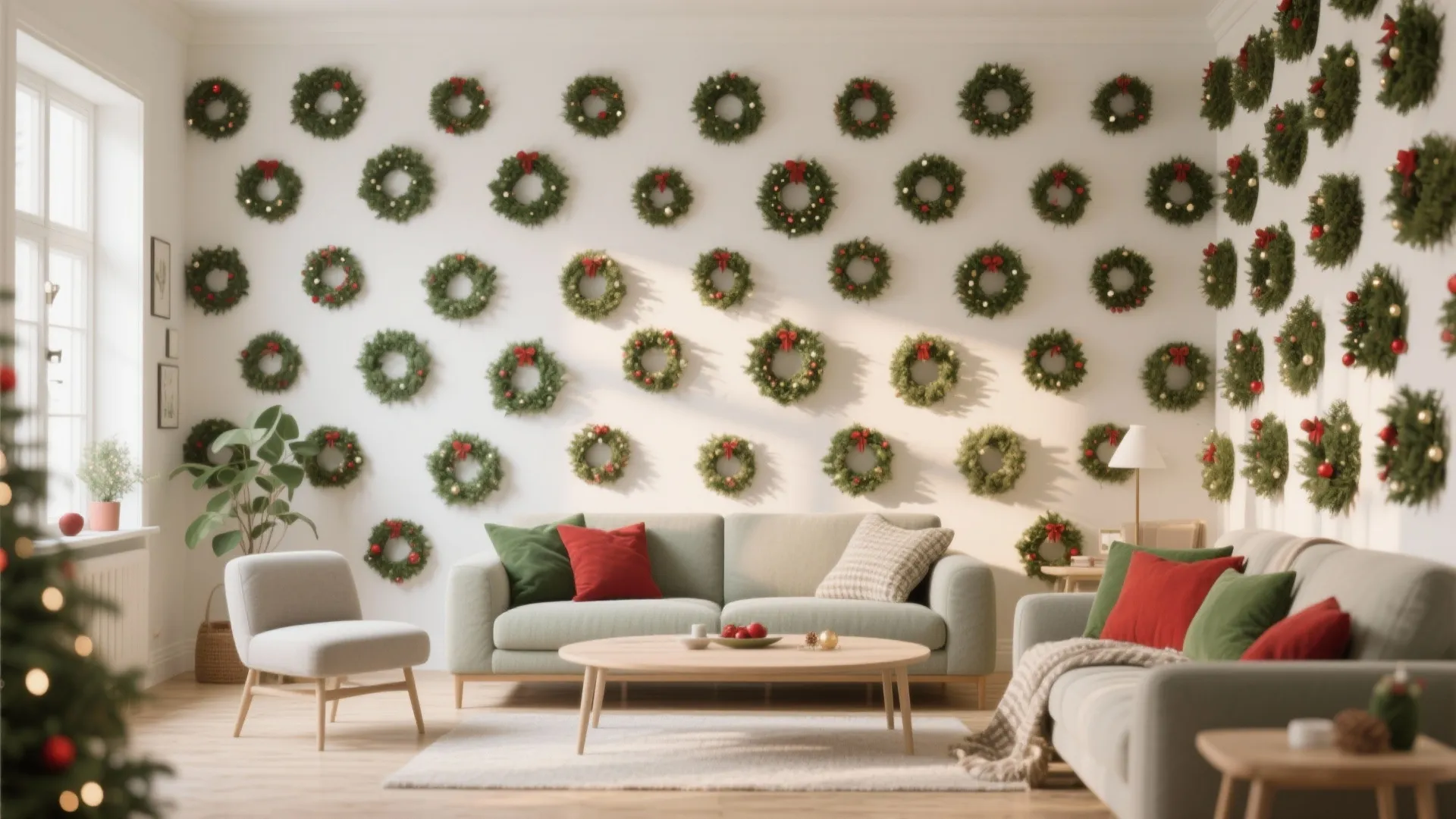 Living room wall covered in festive mini wreaths