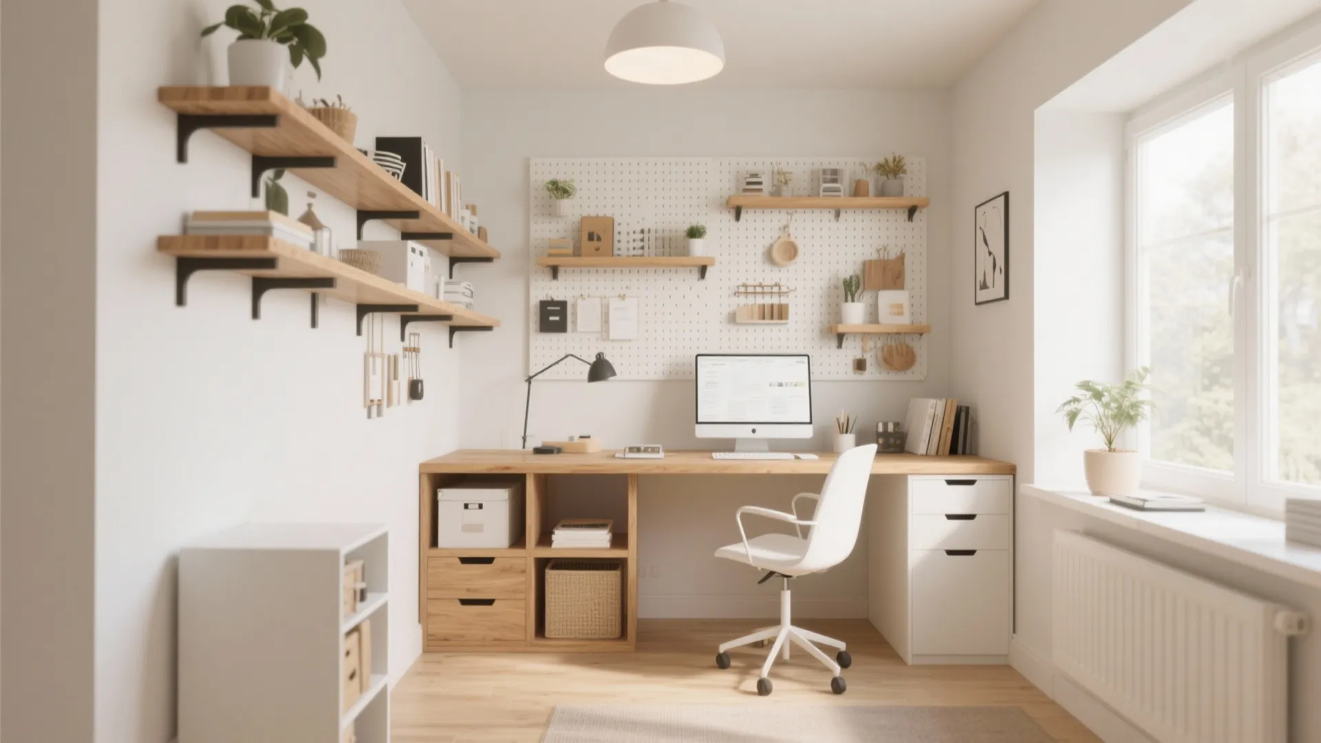 Bright home office with wooden desk white chair pegboard wall storage shelves and natural window light