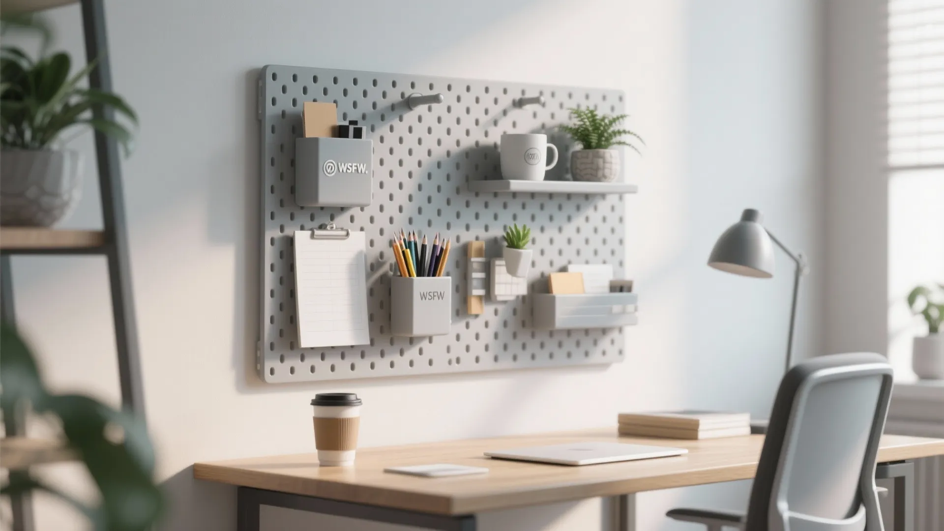 Grey wall organizer panel above wooden desk with coffee cup laptop and grey office chair