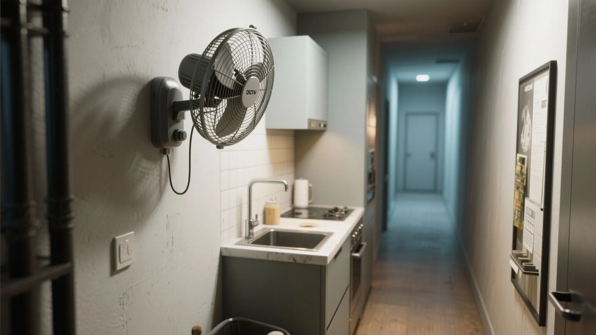 Grey wall light fan mounted in a narrow kitchen with white tiles and a long hallway