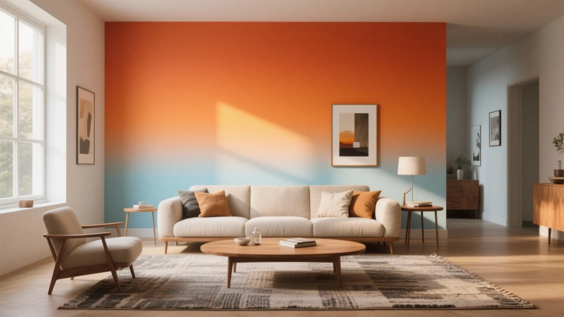 Bright living room with orange blue gradient wall beige sofa and round wooden coffee table