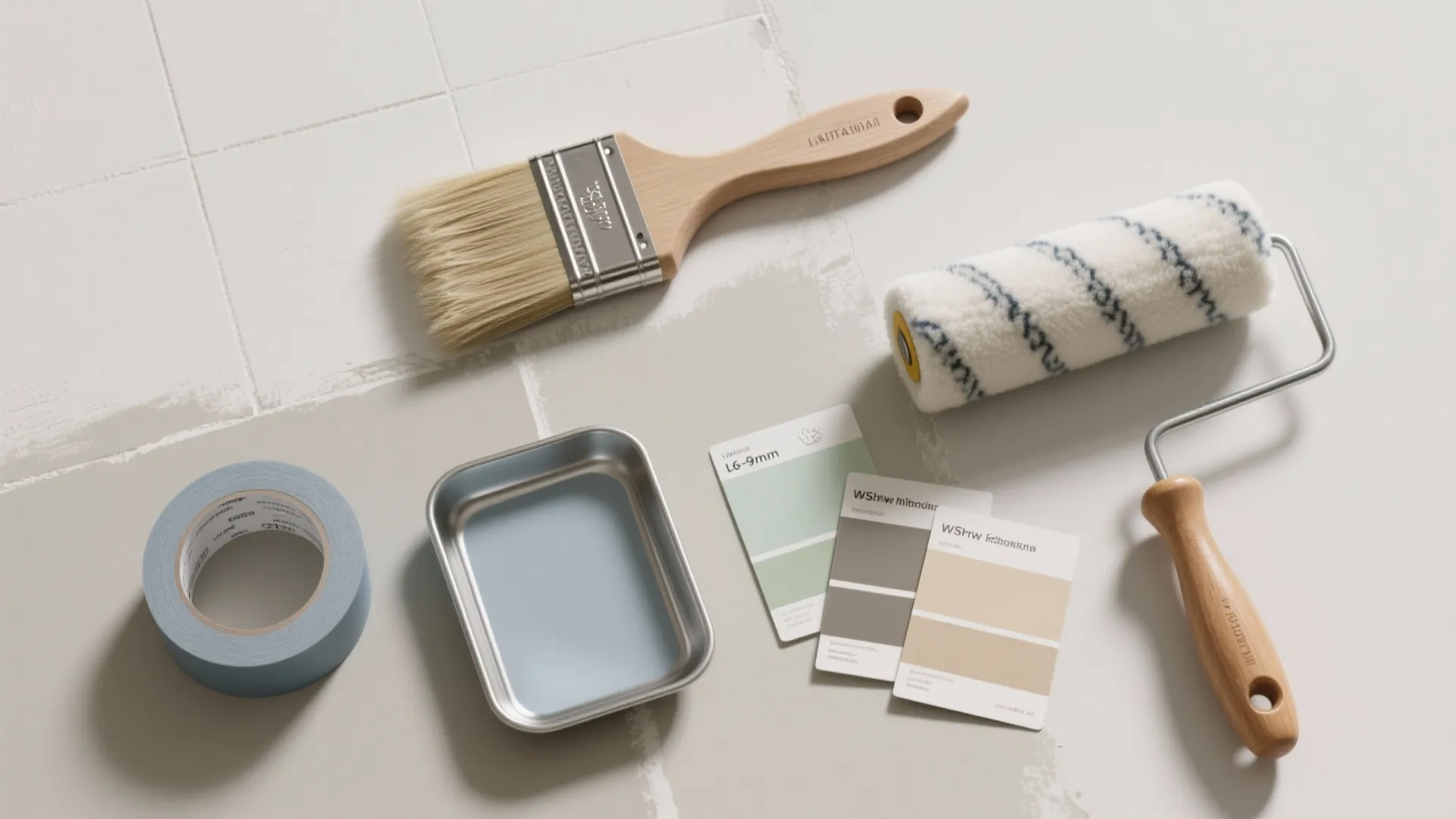 Wall painting tools including a paint brush roller blue tape tray and color sample cards