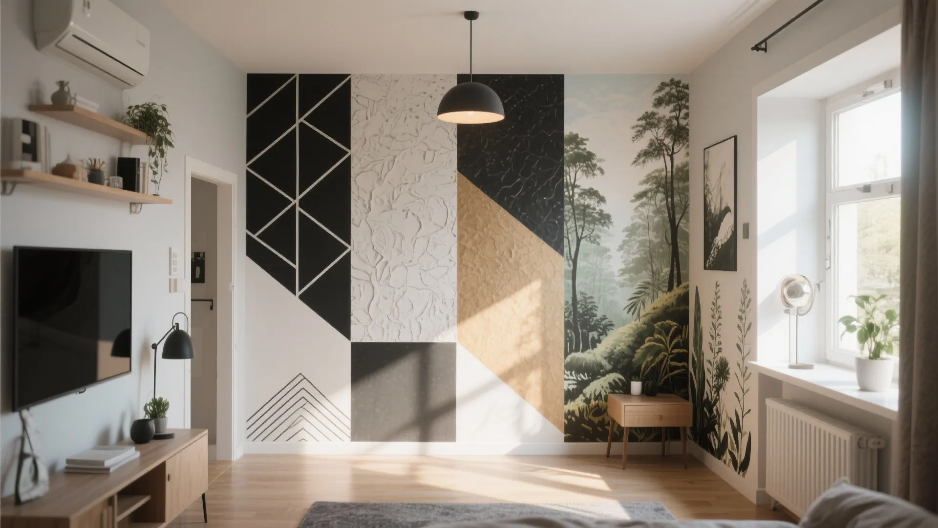 Modern living room with geometric wall art patterns wood furniture black ceiling light and natural light
