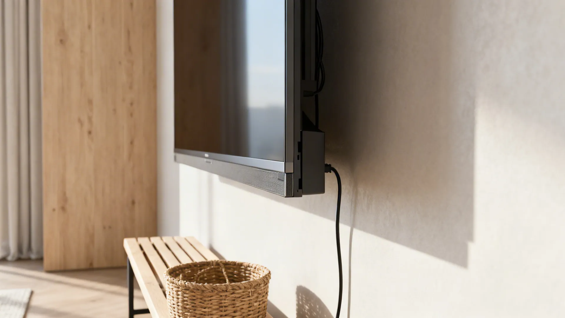Slim wall-mounted TV panel showing internal cable channel and bench storage beneath
