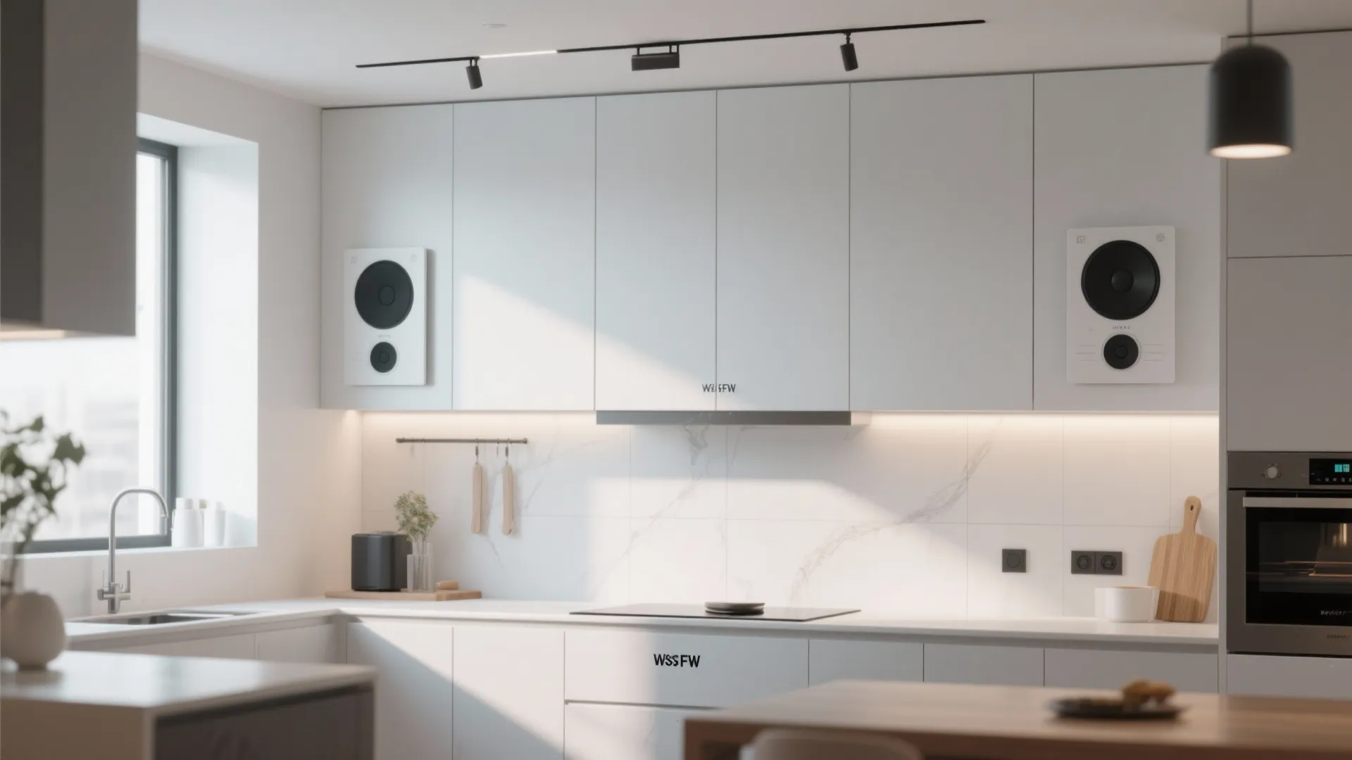 Bright white kitchen with two black and white speakers mounted on cabinets above the counter