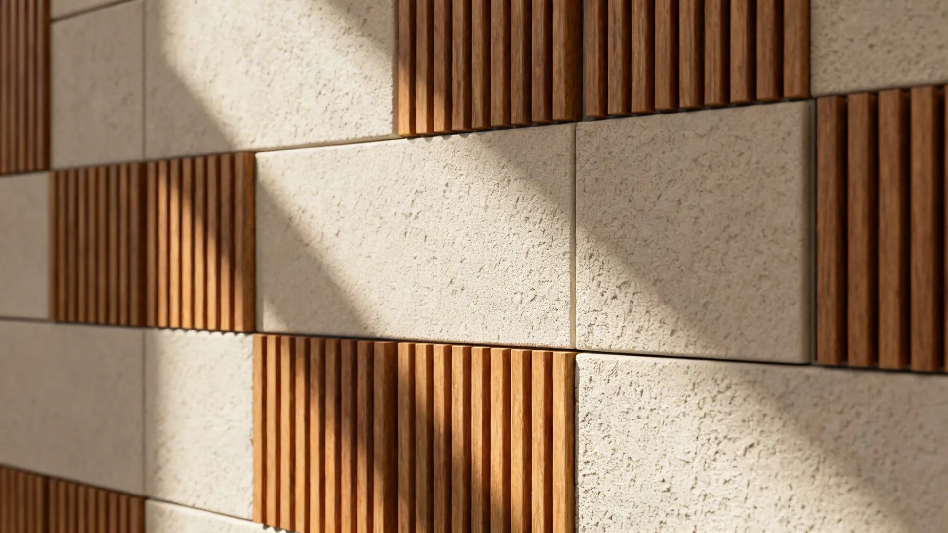 Close detail of wood slat and plaster wall panels showing texture and depth.
