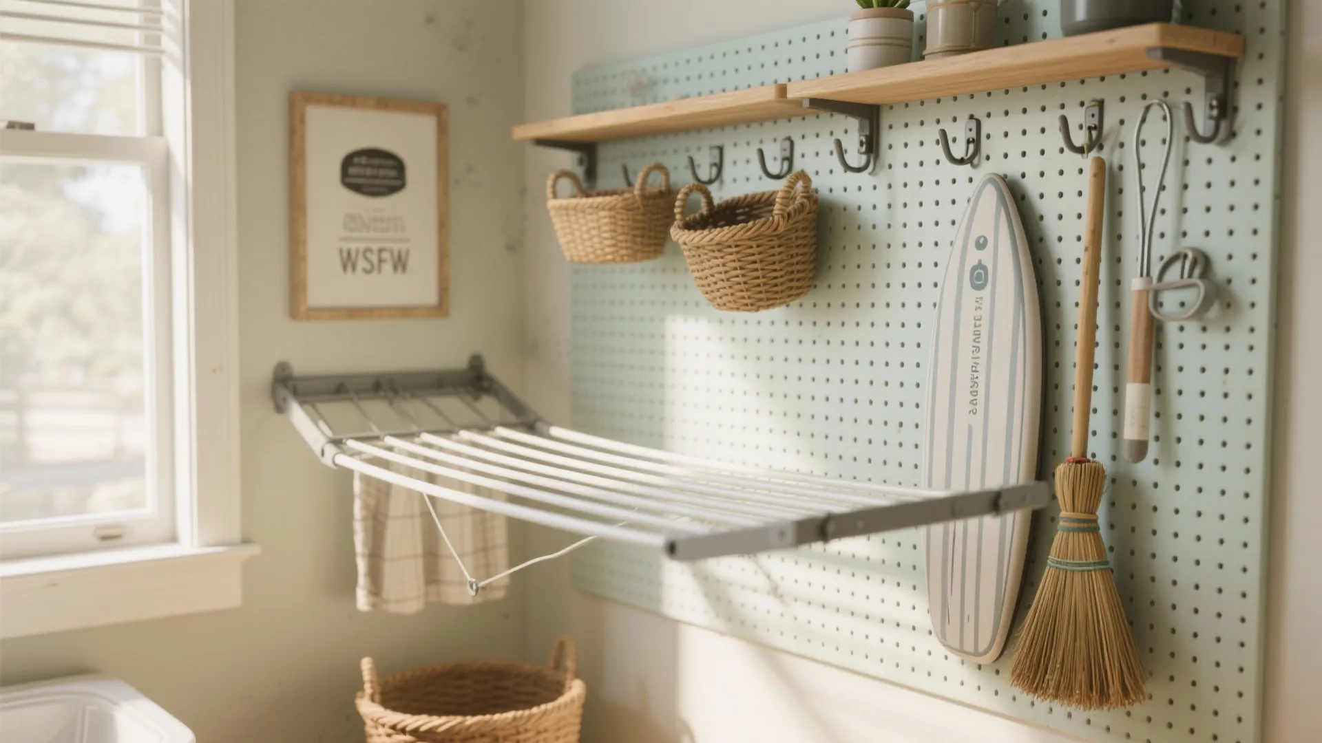 Wall organizer with a drying rack, small baskets, and cleaning tools in a bright room