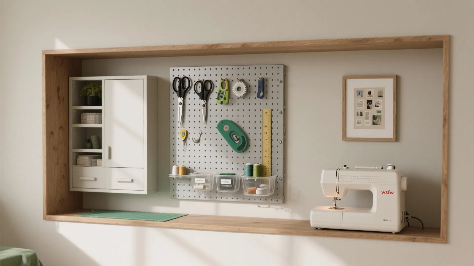 Wall-first storage with pegboards and slim cabinets