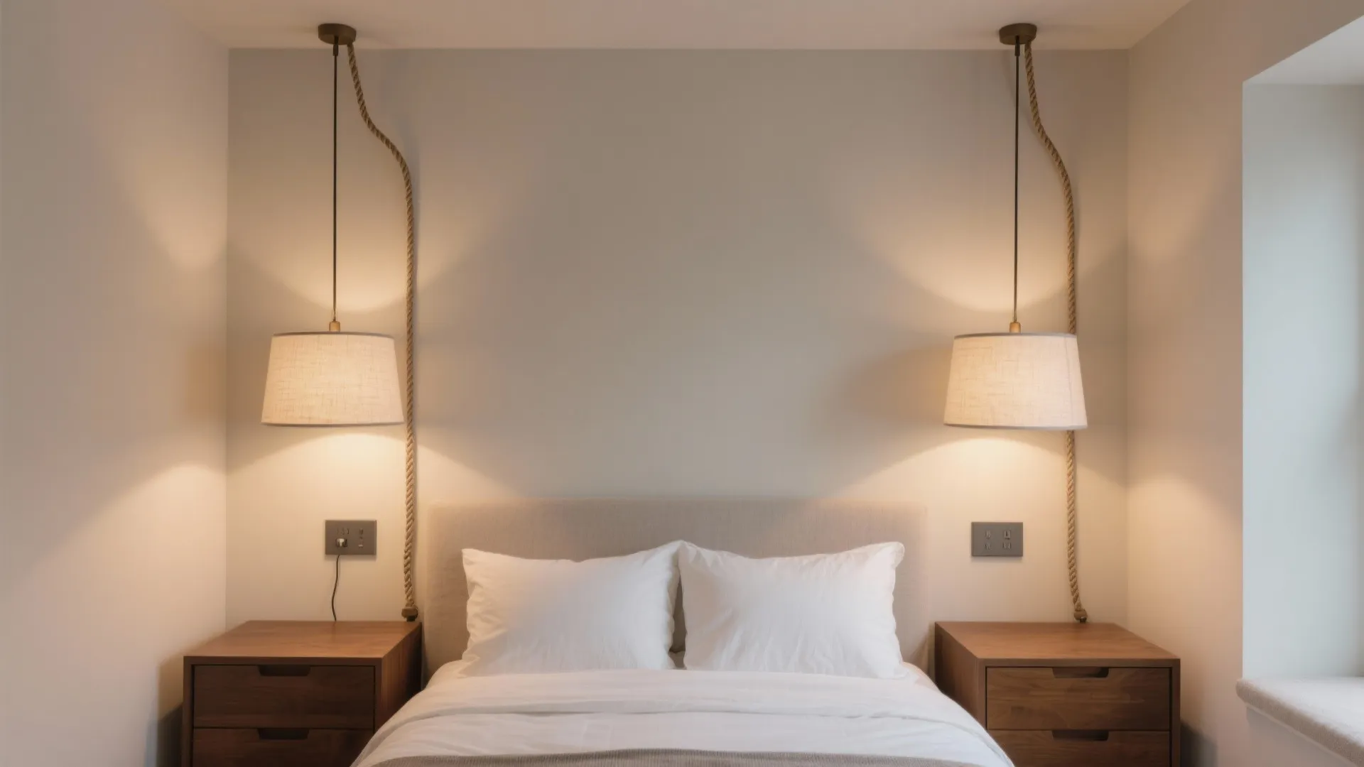Wall-mounted pendant lights with fabric shades hung above tidy nightstands in a compact bedroom.