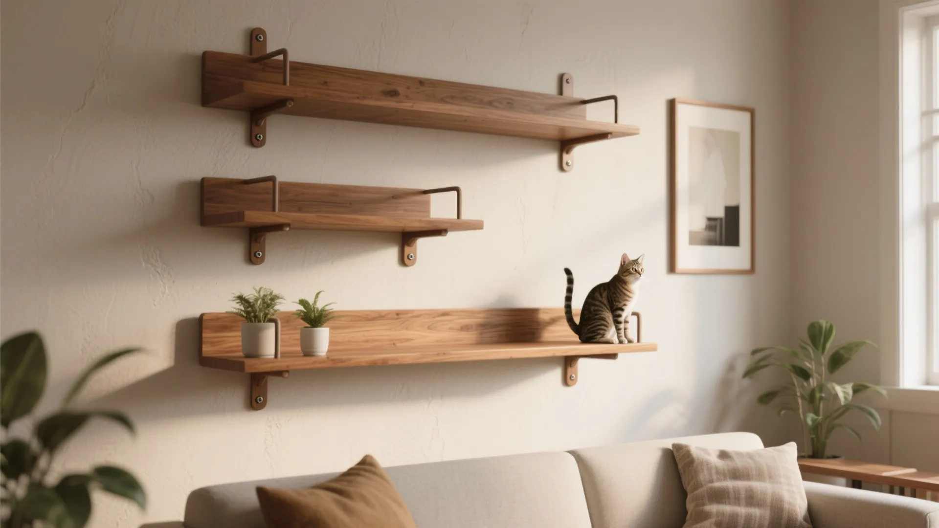 Staggered wooden wall-mounted cat perches styled as shelves in a minimalist living room with a tabby cat.
