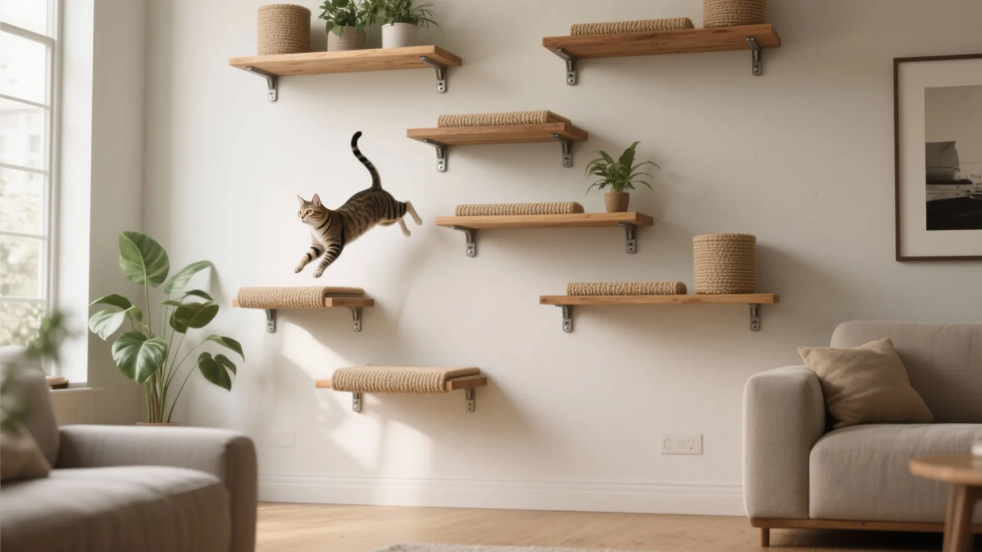 Tabby cat jumping between wooden wall shelves in a living room with a beige sofa