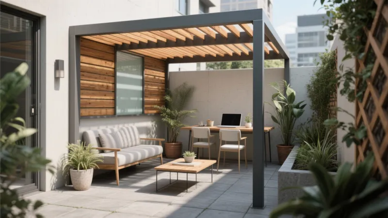 Modern Outdoor Patio with Pergola and Greenery