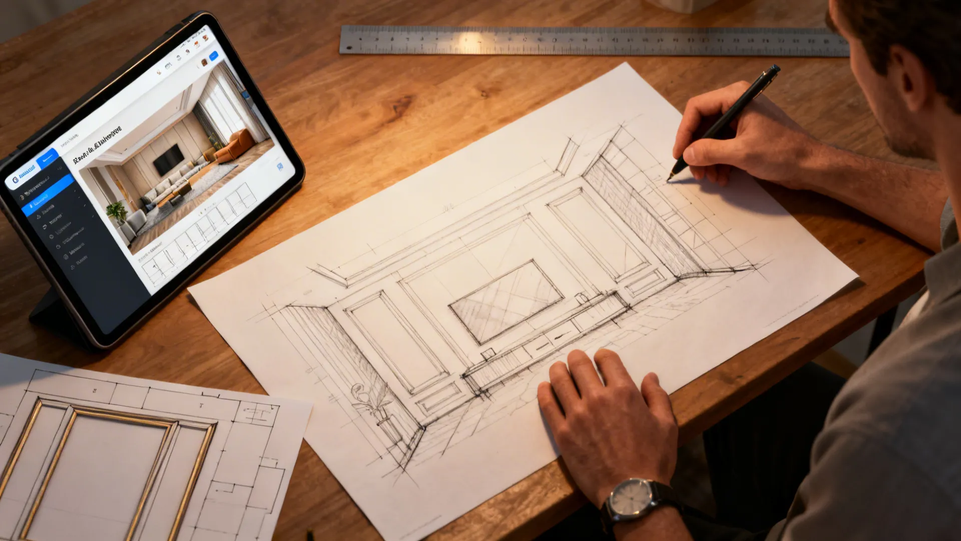 Designer sketching a wall elevation next to a tablet with an online room planner for scale mockups.