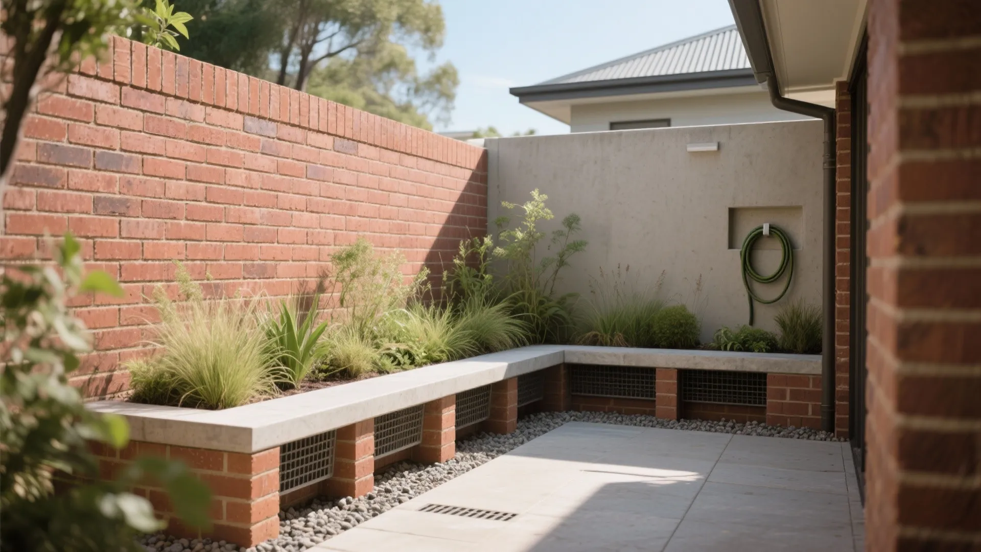 Integrated Planters and Seating in the Boundary Wall