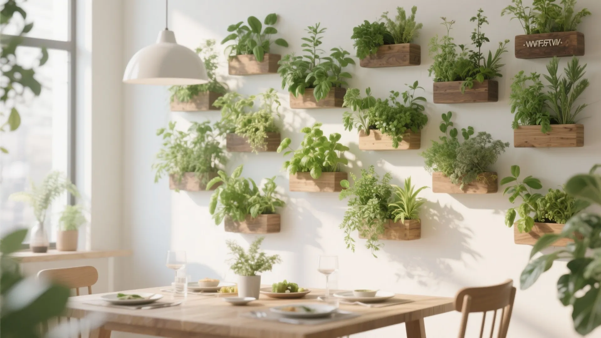 Dining room wall decorated with many small wooden boxes holding various green plants and herbs