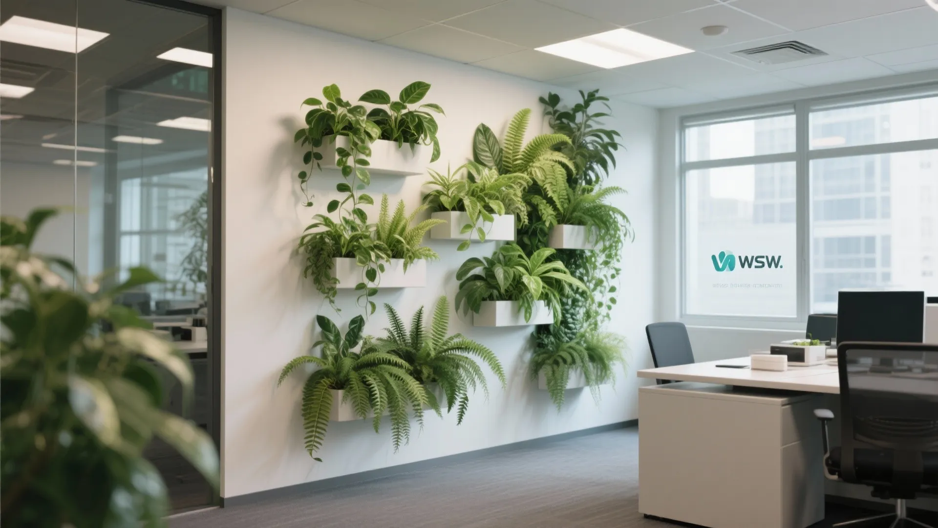White office wall decorated with several rectangular white planters holding various green leafy indoor plants