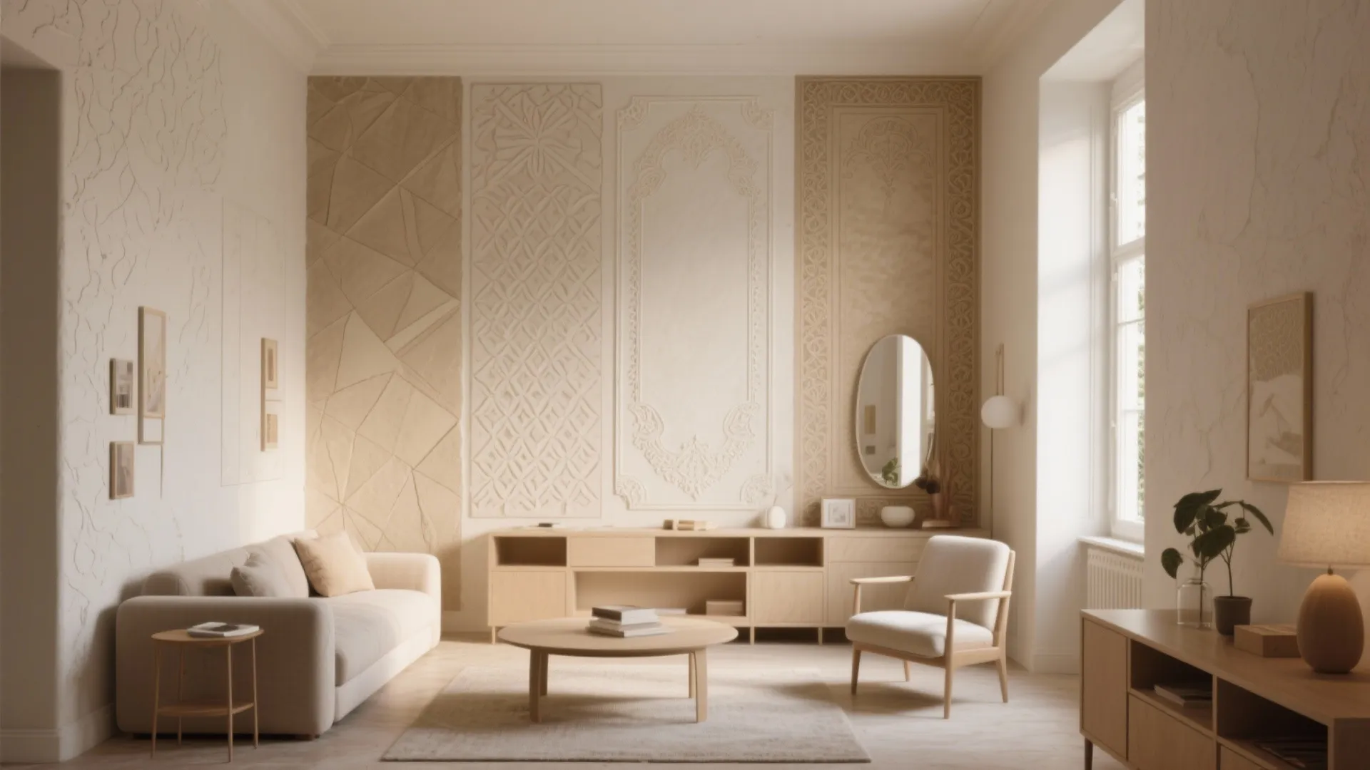 Living room interior with cream sofa and various decorative wall panel designs on the wall