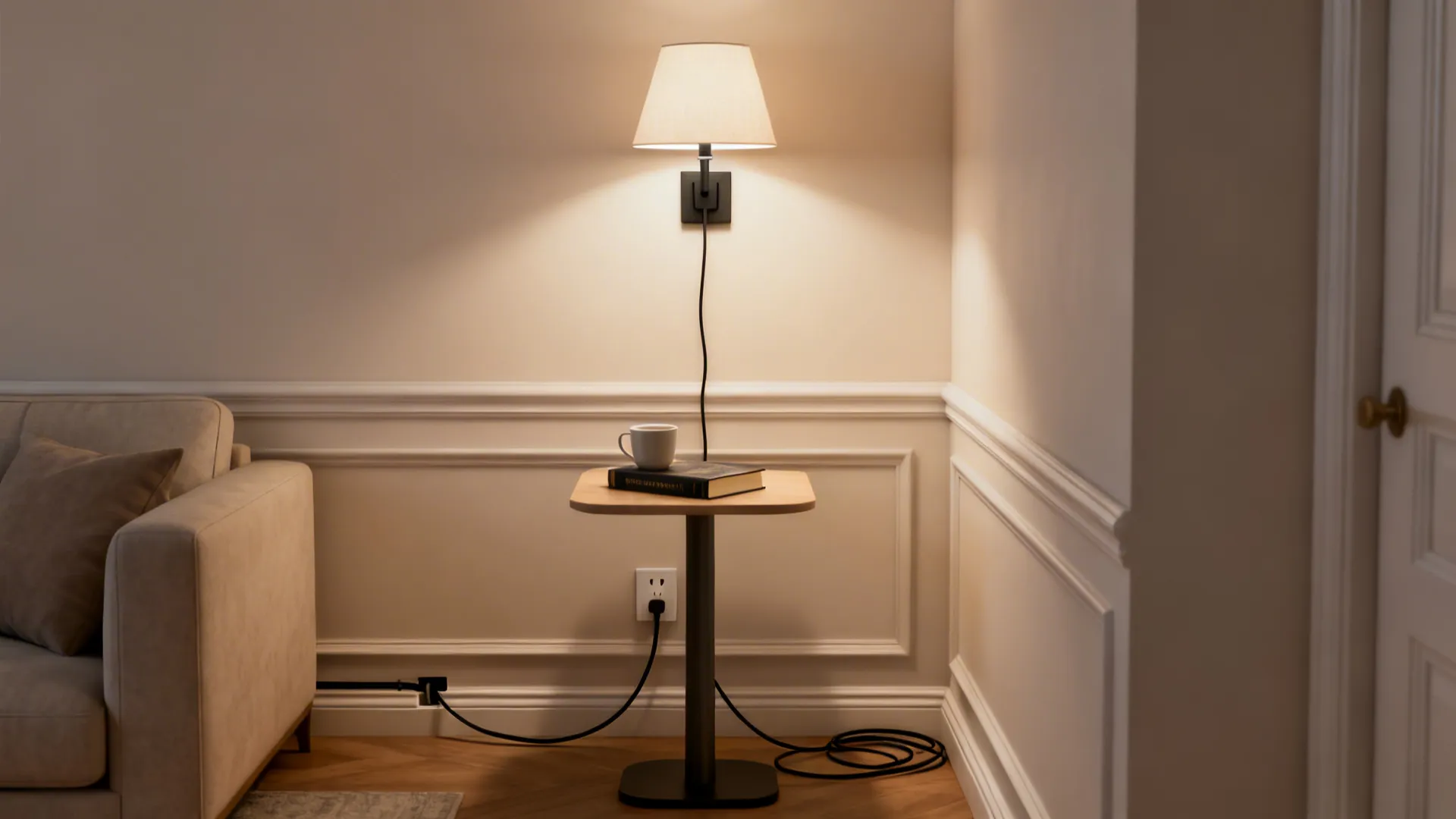 Plug-in wall lamp above a slim table base with neat cord routing behind molding.