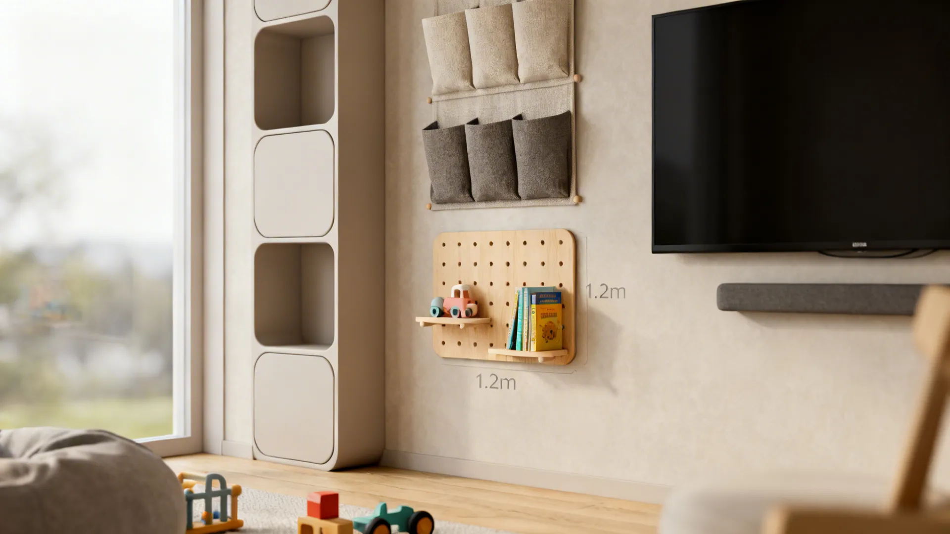 Textile wall pockets and pegboard storing stuffed animals and books beside a TV.
