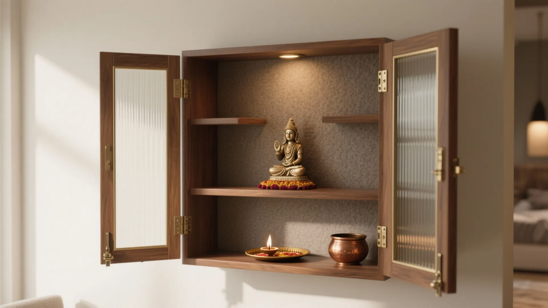Wall-mounted pooja niche with doors
