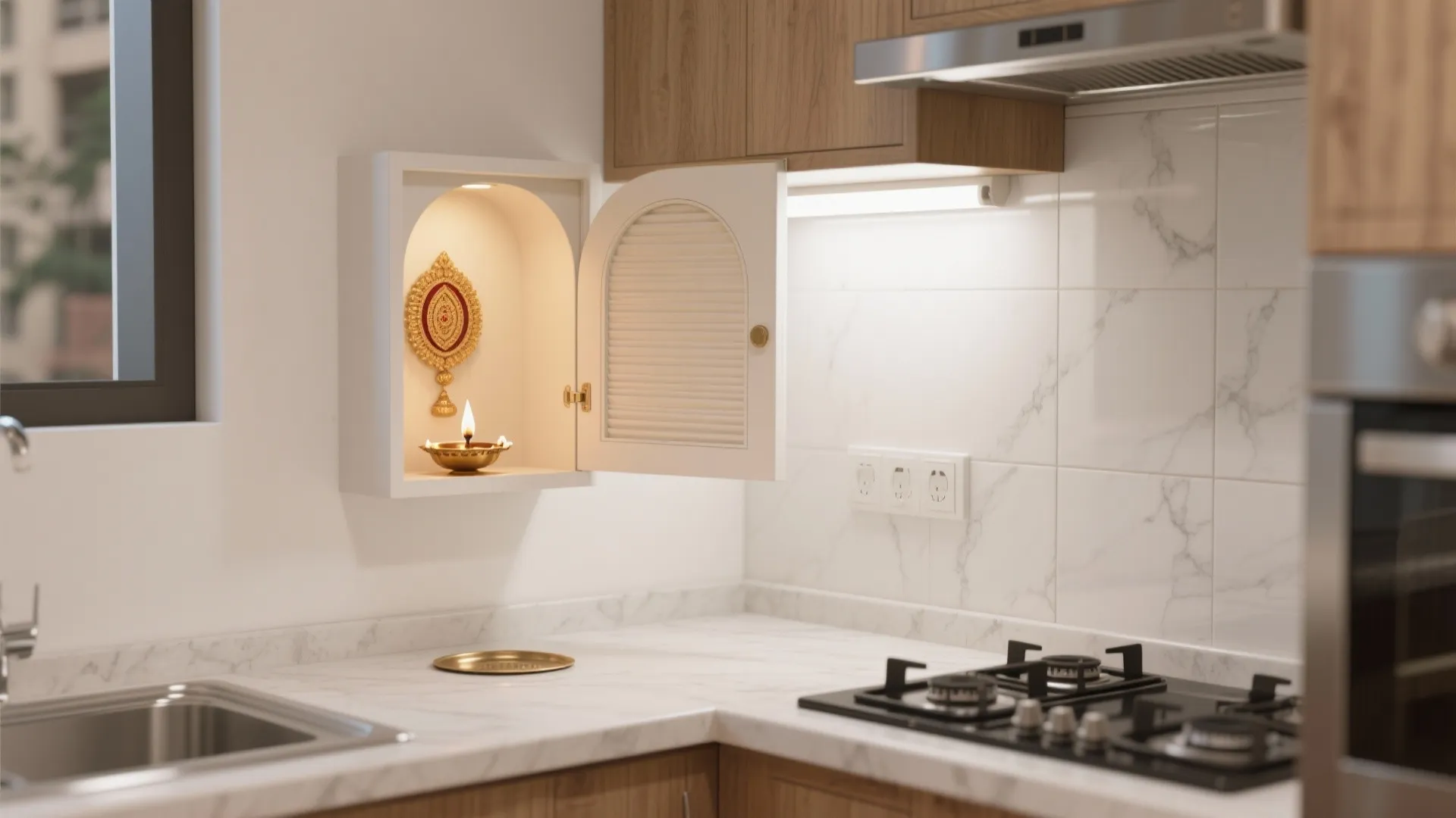 Modern kitchen with white marble countertop featuring a small wall cabinet for traditional prayer items