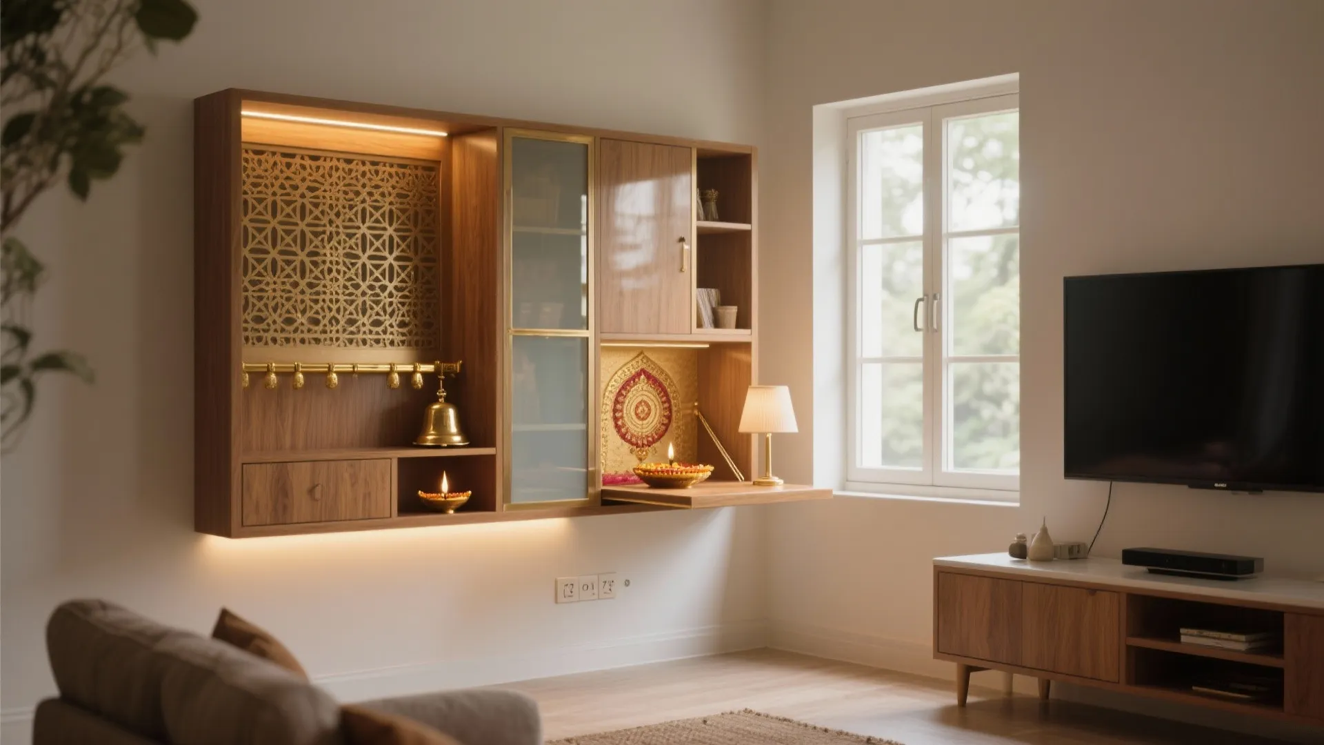 Wall-Mounted Pooja Unit With Hidden Storage