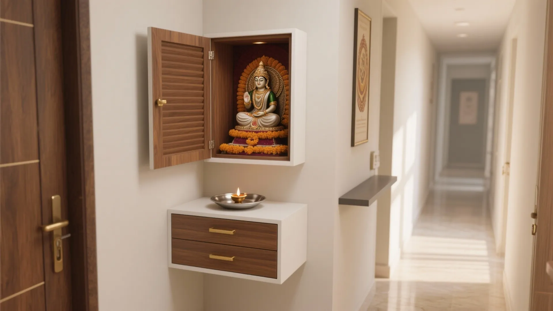 Minimal Wall-Mounted Pooja Mandir with Hidden Storage