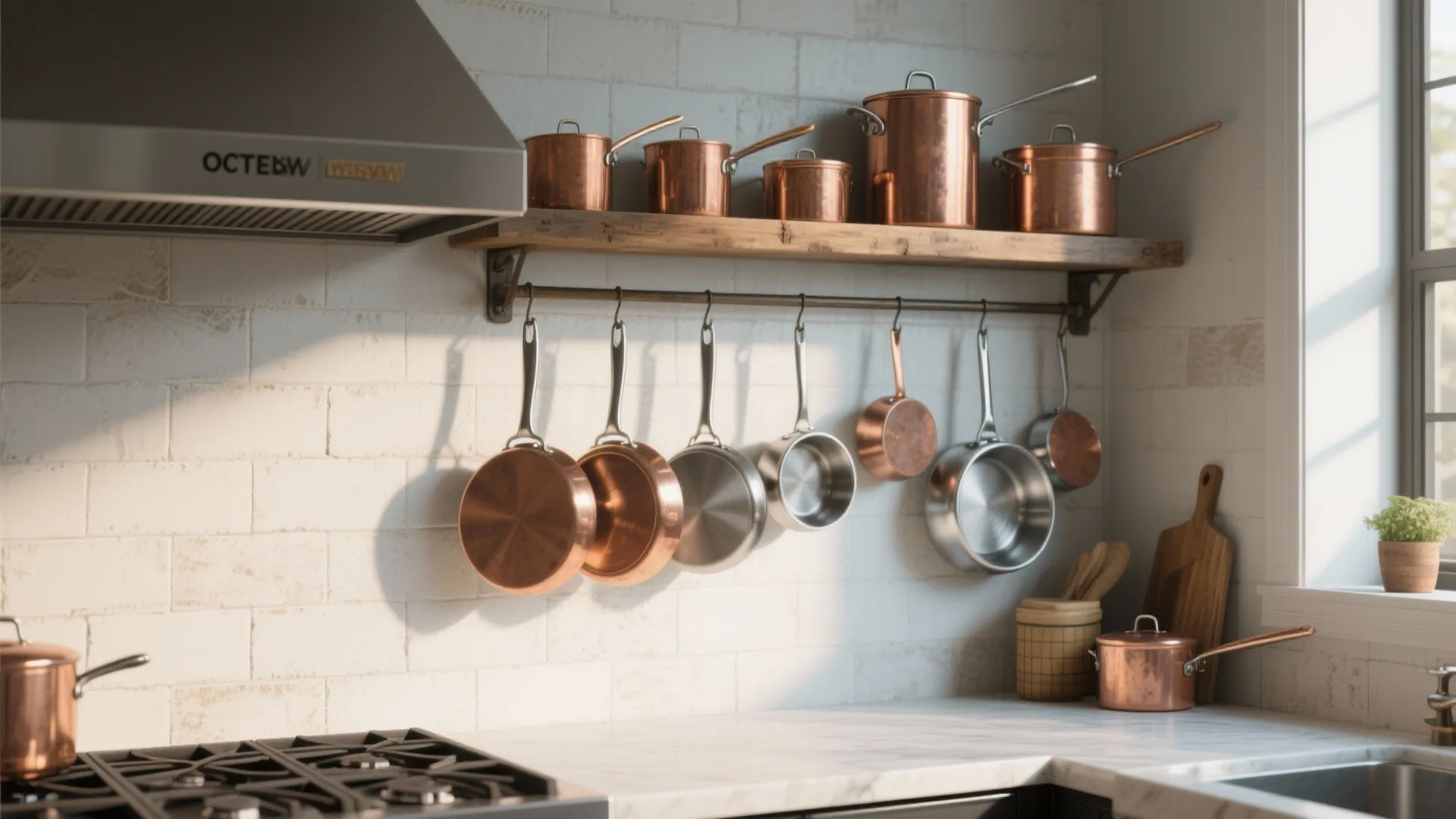 Copper pots and pans hanging on a wall rack and wooden shelf in a kitchen