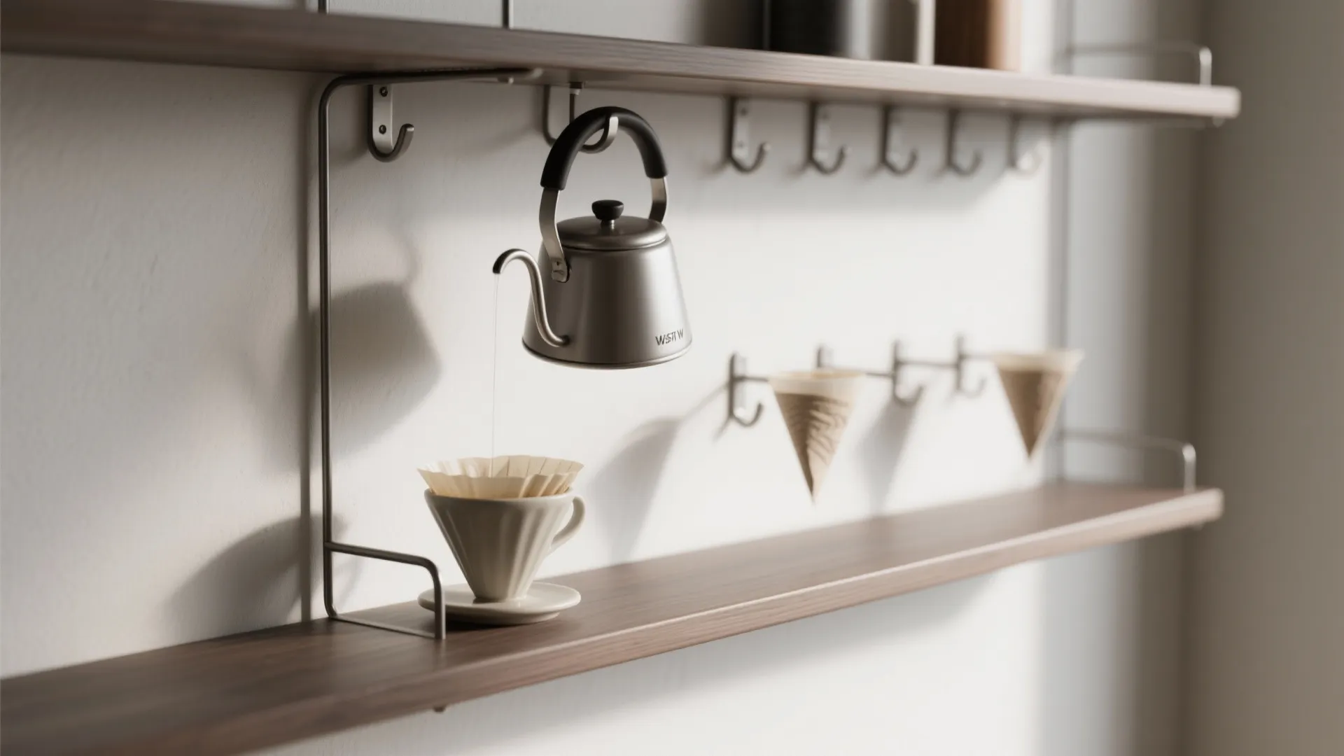 Silver kettle hanging on hook pouring water into coffee cup on wooden kitchen wall shelf