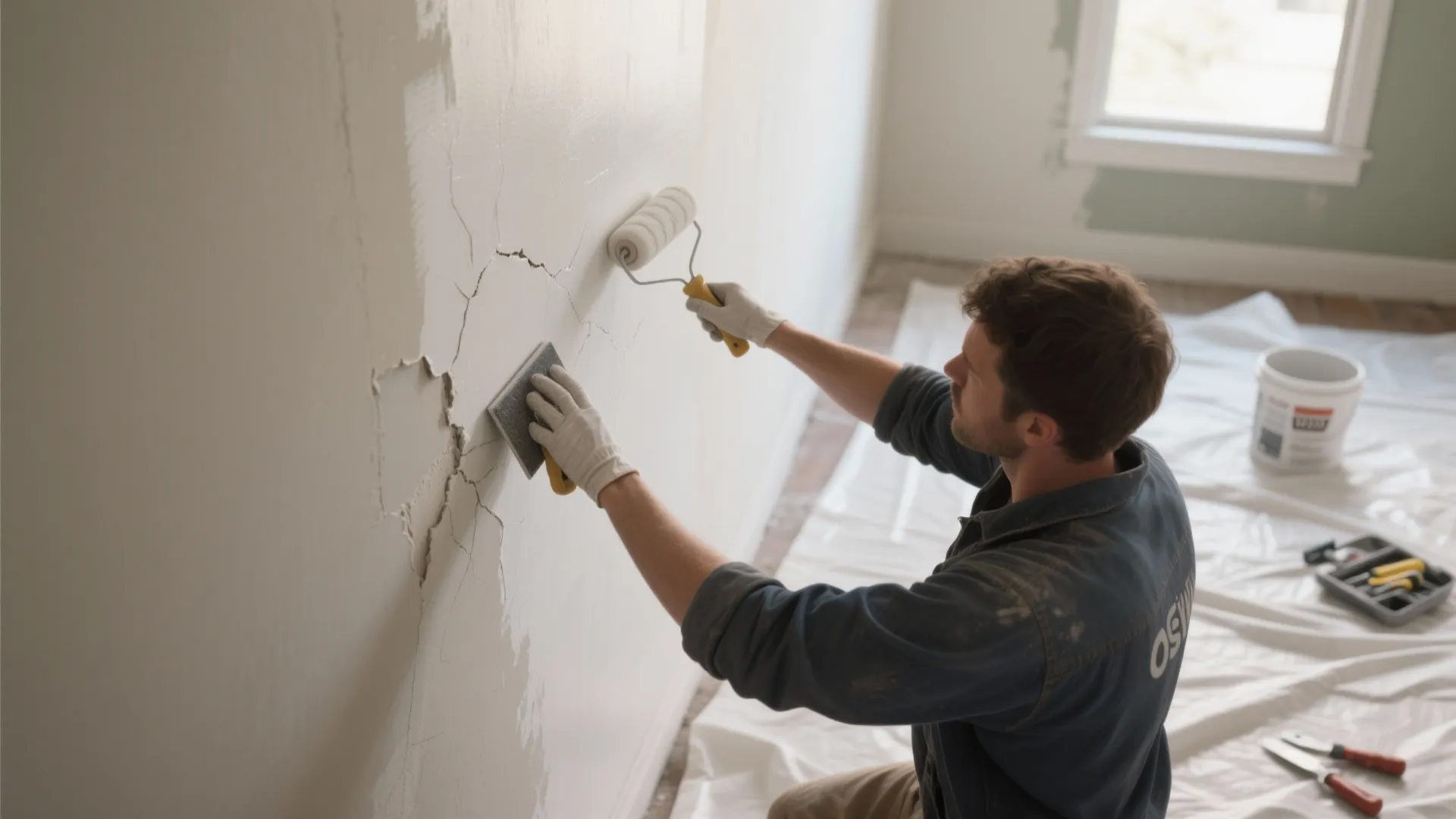 Man repairing a cracked white wall using a scraper and paint roller for home renovation
