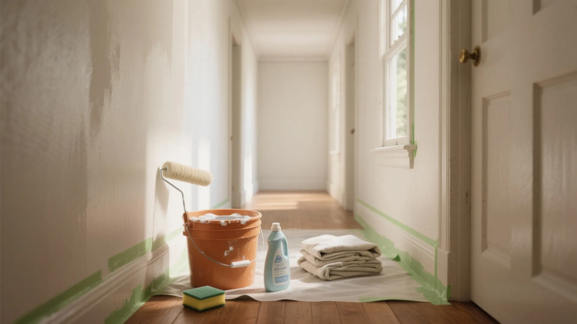 Wall preparation in hallway with orange bucket paint roller cleaning bottle and green tape baseboards