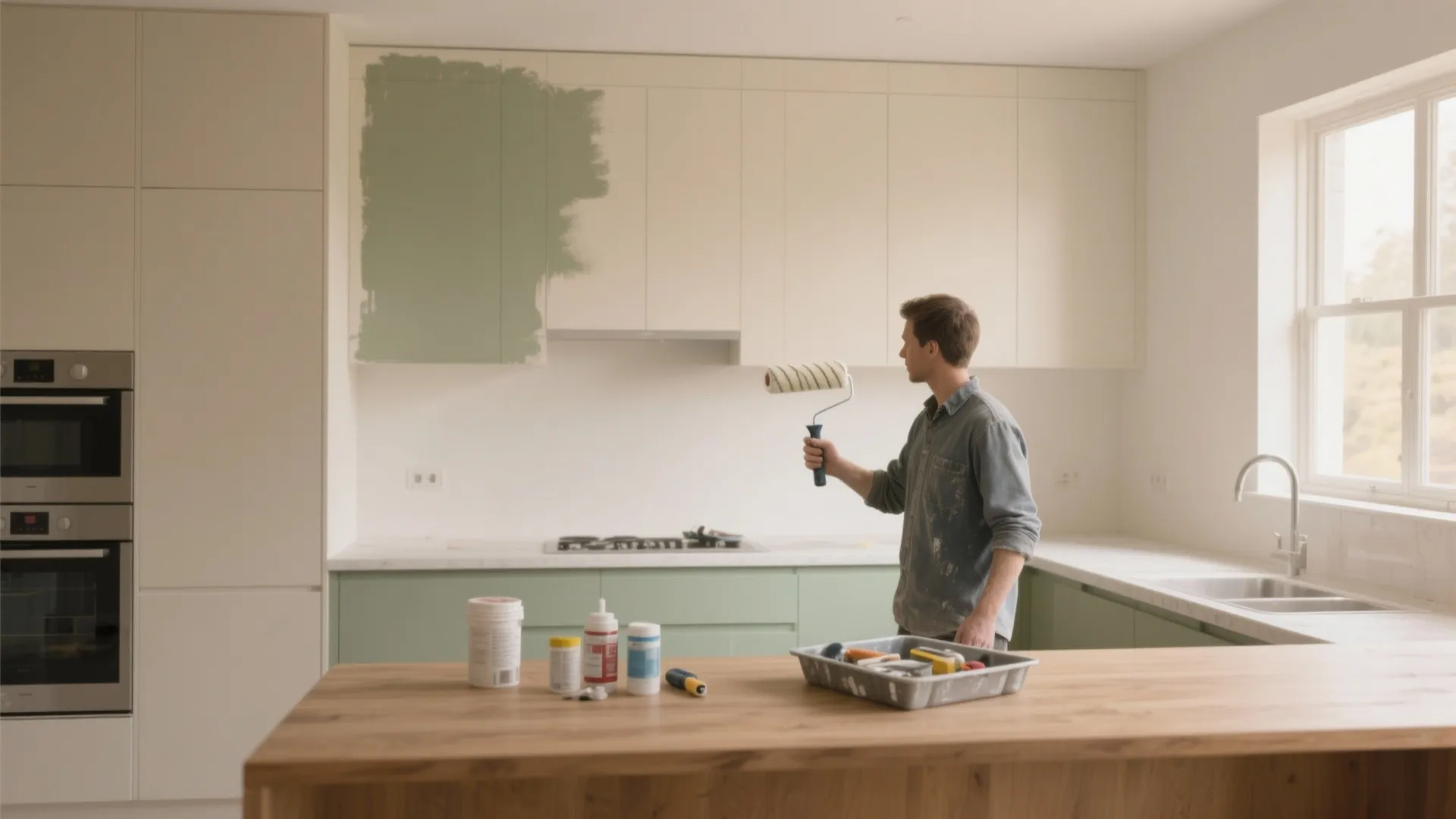 Man painting kitchen cabinets green using a roller while standing near a wooden kitchen island