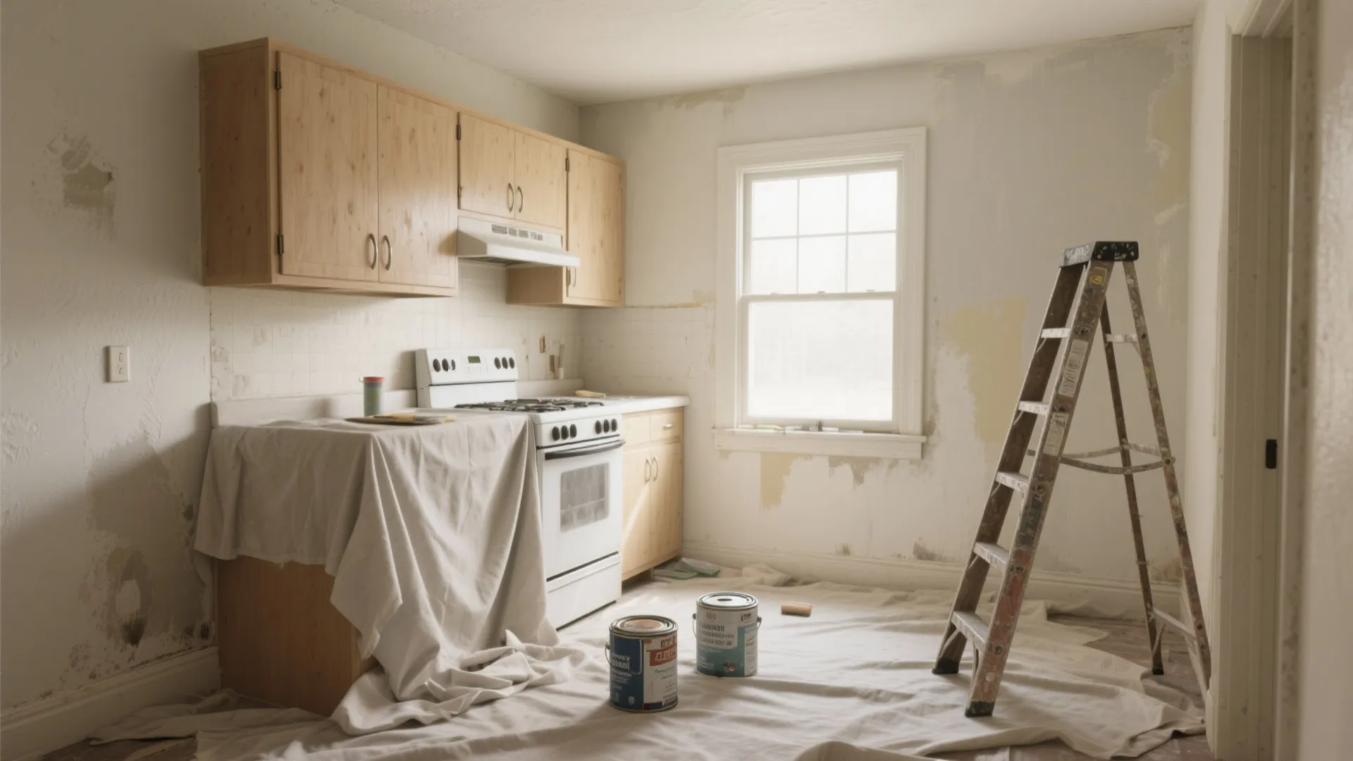 Kitchen renovation scene with paint cans ladder and wood cabinets before painting walls and tiles